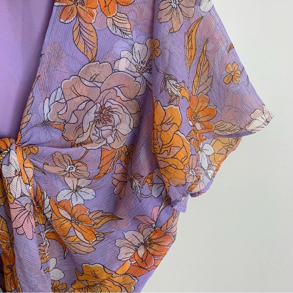 [ASTR the Label] Lavender Purple & Orange Floral Print Short Sleeve Bodysuit - Picture 3 of 9